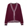 2025 Primavera Estilo Europeo y Americano Casual Holgado Cuello en V Bloque de Color Rayas Cardigan de Punto Abrigo Suéter 6771154