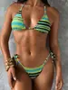 Traje de baño transfronterizo, bikini a rayas de colores, cuello halter, amarre lateral, traje de baño de dos piezas, bikini sexy, secado rápido