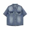 2024 nicho design avançado ombreira camisa jeans masculina solta verão perna larga calças cortadas angustiado terno de duas peças moda