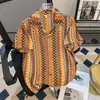 Camisa Cubana Retro Étnica com Renda e Tecido para Homens, Camisa de Verão Meia-Manga com Design Colorido Contrastante, Camisa Curta Tendência