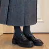 Versión de Piel de Oveja ~ Mocasines de Cuero Genuino Estilo Británico con Suela Gruesa para Mujer, Ropa de Trabajo Versátil, Zapatos Pequeños de Cuero con Punta Redonda, Tacón Grueso Retro