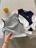Camiseta de Manga Longa Falsa Duas Peças para Meninos 100% Algodão Nova Primavera e Outono Roupas Infantis Bebê Top Solto Camisa de Base Costurada