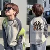 Roupas de outono para meninos, manga longa, algodão puro, novo estilo 2026, raglan infantil, bloqueio de cores, casual, gola redonda, moderno e legal