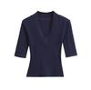 Camiseta feminina com decote em V profundo e ombros de fora, nova, elegante, slim fit, meia manga, base pura, 2025