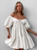 Vestido Informal de Lino Caqui Verano 2025 Diseño para Mujer con Cordones Cuello en V Manga Corta Falda Línea A Ropa Europea y Americana