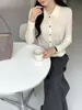 Cardigã de tricô 100% lã Merino pura para mulheres, outono e inverno, gola polo, manga longa, suéter simples e versátil, blusa básica para mulheres