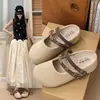Sandálias de linho trançado de corte baixo para mulheres, novos tamancos fechados com fivela vintage para o outono de 2026, sapatos Birkenstock de sola grossa
