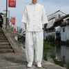 Estilo Verão 2026 Novo Estilo Chinês Esportivo Casual Roupa de Algodão e Linho para Homens, Tamanho Grande, Fivela Retro, Conjunto de Duas Peças Solto