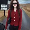 Cárdigan de Punto Rojo Vintage para Mujer, Chaqueta Suéter de Alto Nivel con Patrón Trenzado, Cuello en V, Corte Ajustado que Resalta la Cintura, Top para Capa Interior