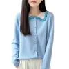 Cardigã de malha de lã pura feminino para outono e inverno com gola Peter Pan plissada, apresentando um estilo suave e gola contrastante, peça de outer wear de corte solto