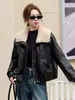 Chaqueta de cuero negra de borrego con cuello, directo de fábrica, estilo biker para mujer, forro polar, abrigo corto de cuero, personalizable y muestra disponible