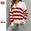 Suéter de Punto para Mujer de Comercio Exterior Transfronterizo Otoño e Invierno, Suéter de Manga Larga con Cuello Polo, Top de Punto Holgado a Rayas de Bloques de Color para Mujer