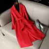 Novo casaco de lã outono e inverno para mulheres, comprimento médio, acima do joelho, slim fit, casaco de lã com cinto, sobretudo de lã de alta qualidade para mulheres