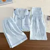 Conjunto de Pijama de Tres Piezas Simple Casual de Nube Verano Nuevo Manga Corta Shorts Pantalones Largos Ropa de Casa Delgada Verano Lindo