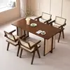 Conjunto de Mesa de Jantar e Cadeiras em Madeira Maciça e Rattan Tecido Mesa de Jantar Simples para Casa Restaurante Mesa de Centro Retangular e Cadeiras Estilo Wabi-Sabi Pousada
