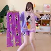 Pijama transfronteiriço de verão feminino conjunto de três peças de seda de leite desenho animado comércio exterior roupa de casa manga curta calça comprida estilo fofo