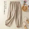 Pantalones Harem de Encaje Bordado Casual de 4 Colores Estilo Primavera 2026 Retro Artístico Pantalones Cortos de Algodón y Lino Talla Grande Sueltos Pantalones para Mujer