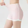 Shorts esportivos de secagem rápida com cintura alta, listras em cores contrastantes nas laterais, controle e modelagem da barriga, adequados para fitness ao ar livre e yoga.