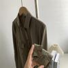 Camisa Jeans Lyocell Tencel Algodão Lavado Verde Militar, Fina, Caimento Solto, Emagrecedora, Tamanho Grande, Top de Comprimento Médio