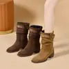 Botas de Vaquero Occidentales de Media Tacón hasta Media Pantorrilla Serie Maillard 2026 para Mujer con Hebilla de Cinturón y Diseño Vintage Plisado