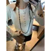 Mochie Outono Novo Estilo Tencel Mistura de Lã Botão de Concha Gola Redonda Ombro Normal Emagrecimento Manga Longa Camiseta MQ1735