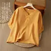Blusa bordada de algodão e linho étnico, decote V, nova camisa 2026, blusa de verão artística estilo chinês, solta, com botões, vintage