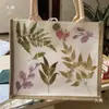 Bolsa de lona con estampado de plantas, bolsa de arpillera, bolsa de mano de algodón-lino-yute en blanco, materiales hechos a mano para manualidades con estampado de hojas