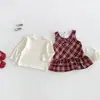 Dianxi Roupa de Bebê Menina Outono Nova Simples Manga Longa Camada Base Bebê Pequeno Conjunto de Duas Peças Vestido Colete Xadrez com Babado