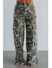 Jeans de Trabalho Camuflado Vintage Novo 2026 Transfronteiriço para Mulheres, Cintura Alta Perna Larga Multi-Bolsos Jeans Reto Desgastado