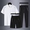 Traje de verano para hombres de mediana edad y mayores, deportivo, de ocio, de verano, de seda helada, con camisa polo de manga corta, traje de tres piezas para hombres