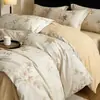 Juego de Cama de Cuatro Piezas de Algodón Puro Cepillado Cerámico con Impresión Digital Engrosado Funda Nórdica para Dormir Desnudo Sábana Ropa de Cama para Dormitorio Principal