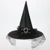 Sombrero de Bruja con Hebilla de Encaje de Halloween Sombrero de Bruja de Tela Oxford Negra Sombrero de Bruja Festivo de Fiesta Sombrero de Bruja Puntiagudo con Cuernos