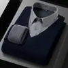 Lana de Oveja + SedaForro de Felpa y Engrosado Falso Dos Piezas Suéter de Punto Cálido para Hombre Cuello en V Jumper