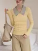 Suéter de Punto Amarillo con Cuello en V Falso Dos Piezas para Mujer, Suéter de Punto Cableado con Cuello Polo para Otoño e Invierno, Camiseta Base de Capa Interior