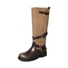 Botas de montaria femininas bicolores, botas longas com aspecto desgastado, novo estilo outono e inverno, couro genuíno, bico redondo, tira com fivela, botas femininas retas até o joelho