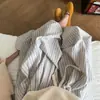 Saia de Cintura Elástica Estilo Coreano Estilo Preguiçoso Algodão Listras Verticais Cordão Primavera e Verão Bege Cinza Listras Azuis