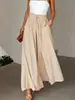 Calça de Verão Lisa de Cintura Alta Wide Leg para Mulheres 2026, com Cintura Elástica Plissada e Cordão, Afinando e com Caimento Fluido, Roupas Femininas de Comércio Exterior