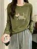 Camiseta Casual de Algodão Bambu com Gola Redonda e Manga Longa para Mulheres, Coleção de Outono, Estilosa e Jovem, Top Camada Base Verde