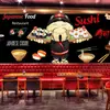 Fondo de pared de restaurante japonés 3D Restaurante de sushi Papel tapiz Dibujos animados Papel tapiz de gato de la suerte japonés Mural de veta de madera retro