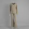 Conjunto de Pijama de Punto con Cuello en V de Manga Larga y Pantalón Largo Transfronterizo para Mujer Ropa de Casa Europea y Americana Otoño 2025 Nuevo Comercio Exterior