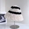 Sombrero de Pescador de Felpa Rayado Estilo Japonés para Mujer, Nuevo Sombrero de Cubo Cálido y Cortavientos para Otoño e Invierno, Sombrero Cloche de Moda y Tendencia Resistente al Frío