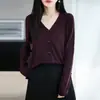 Cardigã de tricô com decote V curto para mulheres, adequado para primavera e outono, caimento solto, fino, de manga longa, feito de lã fina, cinza, perfeito como camada externa