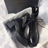 2026 Novo Estilo Botas Elásticas com Cadarço, Salto Bloco Grosso e Solado Espesso, Bico Redondo, Estilosas e Elegantes, com Zíper Traseiro, Botas Curtas Martin Slim