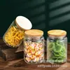 Estilo Japonés Vintage Tapa de Bambú Tapa de Madera Patrón de Begonia Frasco Sellado de Vidrio Botella para Snacks Fruta Deshidratada Frasco de Almacenamiento de Cocina