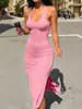 Vestido de Verano Sexy de Corte Ajustado, Moda Femenina Europea y Americana Transfronteriza, Vestido de Tirantes Adelgazante con Cuello en U de Color Sólido, Espalda Descubierta y Abertura