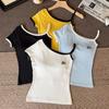 Moda Versátil Chica Hot Diseño Color Block Hombro Descubierto Top Manga Corta con Almohadillas de Sujetador Incorporadas Cómodo Versátil Camiseta sin Mangas para Mujer