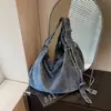 Bolso de hombro de mezclilla relajado estilo coreano, azul aqua vintage, estilo casual, adecuado para el uso diario de los estudiantes universitarios para ir a clase
