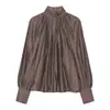 Nuevos tops de mujer de primavera y otoño con cuello mao, manga larga y plisados, transfronterizos europeos y americanos de Amazon para venta al por mayor