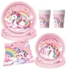 Novo conjunto de decorações de festa de aniversário com tema de unicórnio rosa e utensílios de mesa descartáveis da Amazon, incluindo pratos de papel