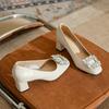 Sapatos de Couro Macio com Salto Baixo Grosso para Mulheres, Elegantes Bico Quadrado Boca Rasa Estilo Outono com Fivela Quadrada de Strass, Sapatos de Salto Alto Profissionais para Trabalho